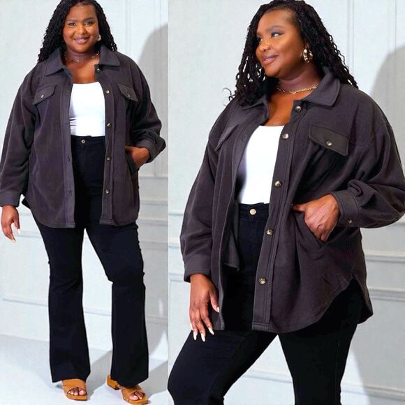 Black Brushed Knit Oversized Button Down Shacket Shirt Jacket NWT Heimish - Picture 5 of 10